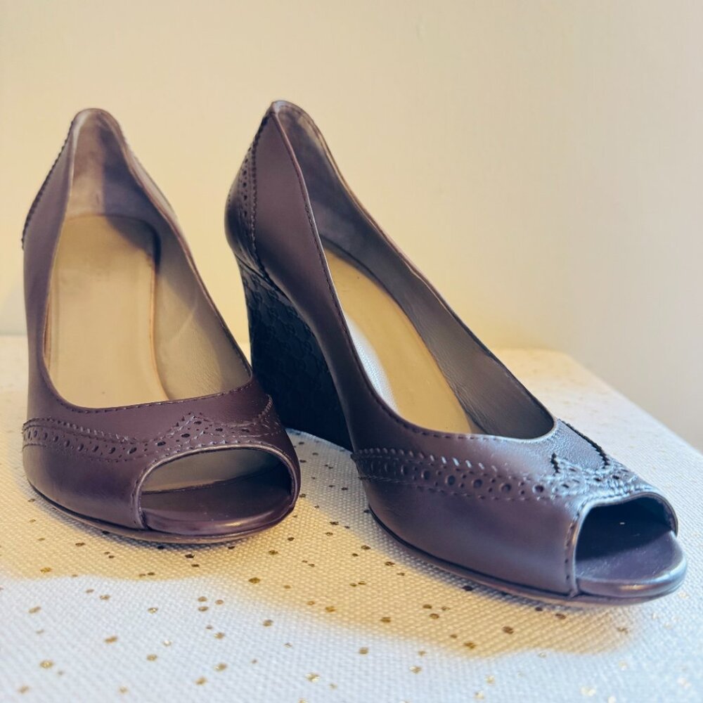 Gucci, Espresso Brown, Wedge Heel, Peep Toe Leather Shoes, Size 38 1/2 - Picture 3 of 10